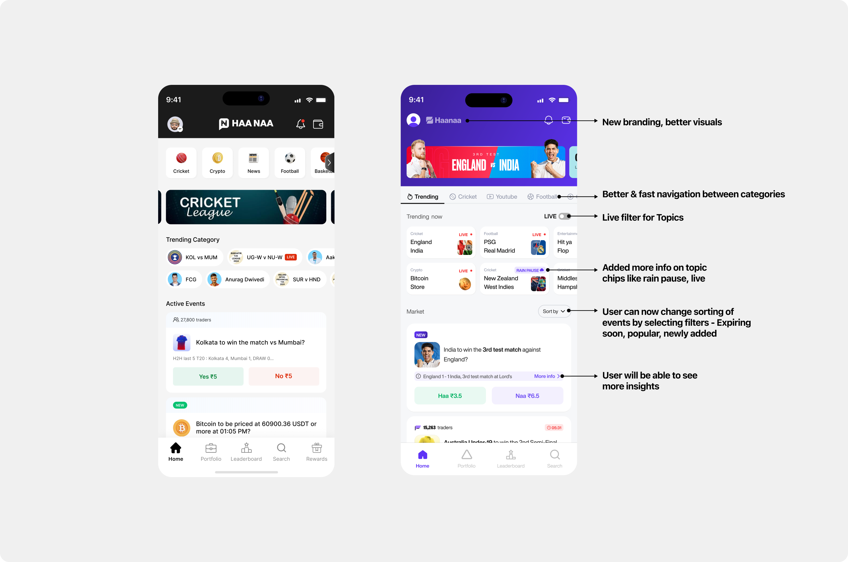 App before vs after — old dark UI vs new branded experience