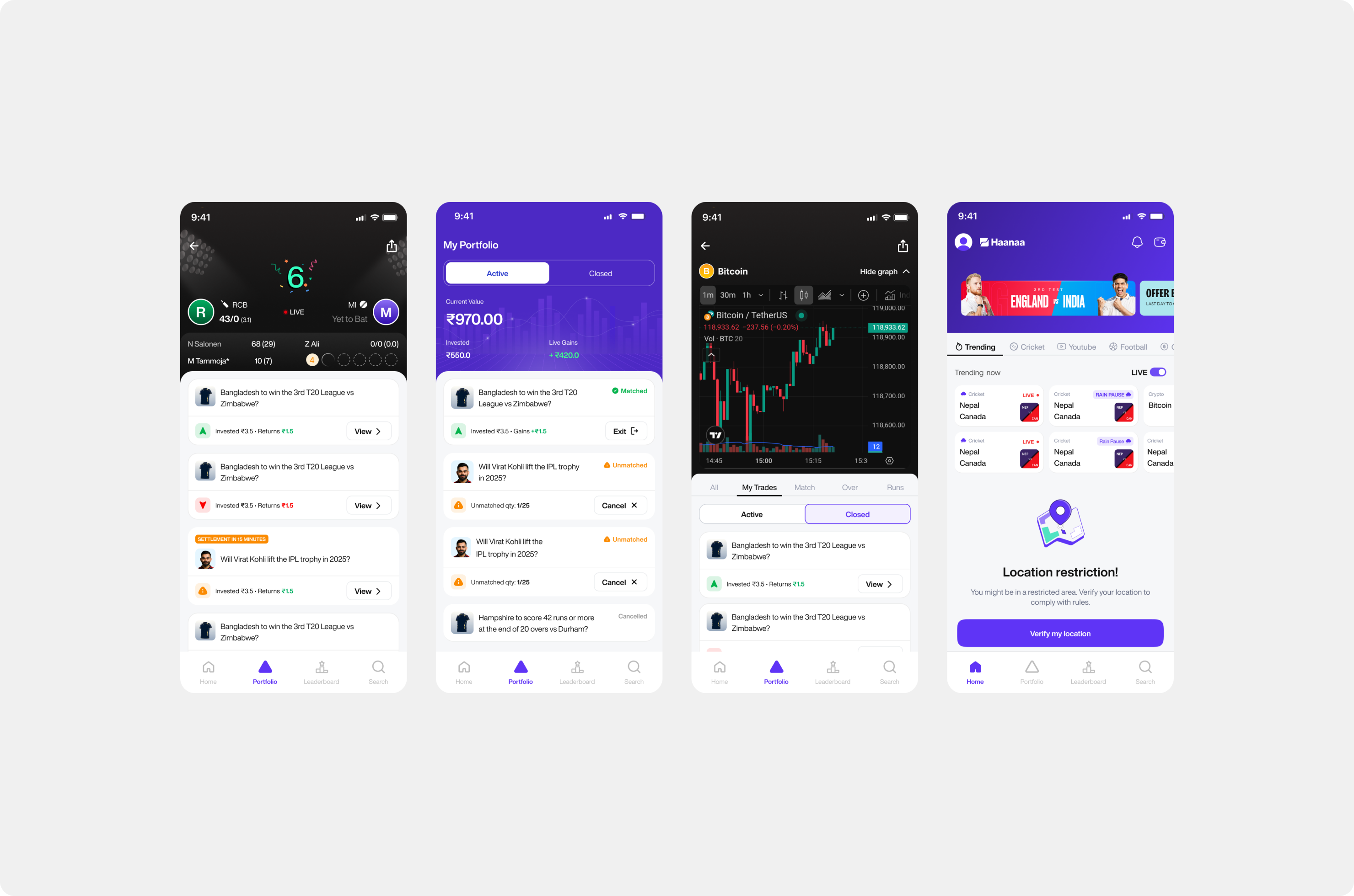 Final app screens — portfolio, live game, trading, home
